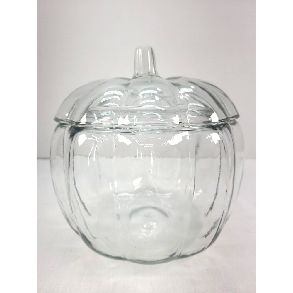 Anchor Hocking Pumpkin Jar Candy Cookie Clear Glass with Lid Vintage